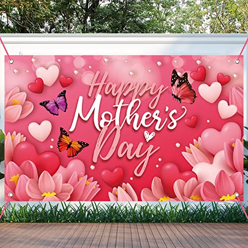 Image of Large Happy Mother's Day Banner Decorations Mothers Day Flag Outdoor 71x44 Inch,Mom Gifts for Indoor Home House Decor Party Supplies,Yard Sign Background for Photography, Red Pink Heart Flowers