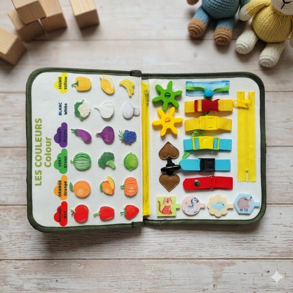 Générique Jouet Éducatif Montessori 9-en-1 – Busy Board Bilingue Français/Anglais, Développement Sensoriel, Motricité Fine & Apprentissage Ludique pour Enfants de 1 à 5 Ans