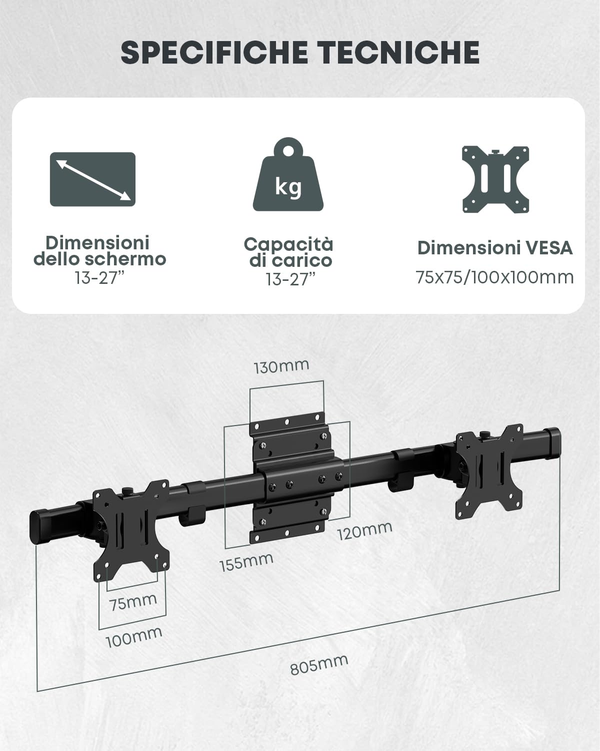 Supporto a muro doppio per schermi 13-27 pollici, singolo a doppio | Spazio a muro ultrasottile, montaggio orizzontale, allineamento preciso, gestione cavi, 10 kg per braccio, VESA 75/100, Nero