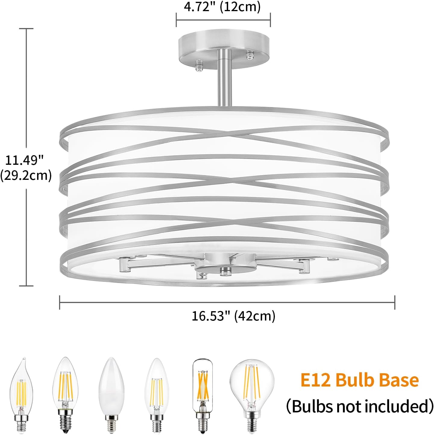 TOULMJ 6-Light Semi Flush Mount Ceiling Light, 16.53‘’ Brushed Nickel Drum Chandelier with White Fabric Shade, Modern Farmhouse Dimmable Light Fixtures for Kitchen Laundry Hallway Dining Room Foyer