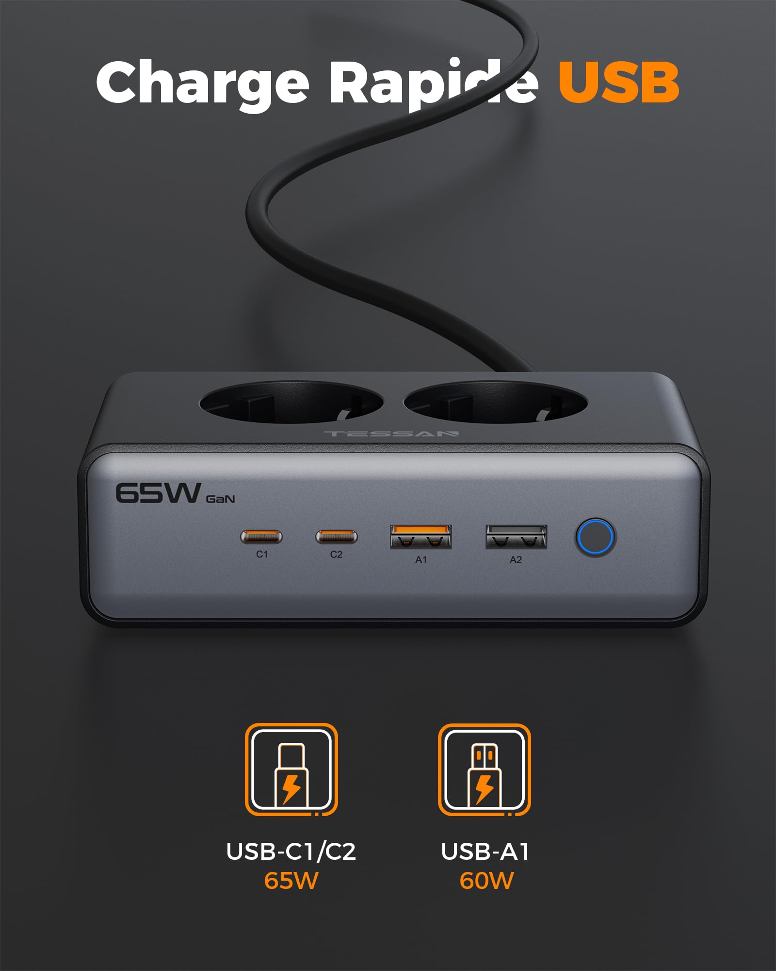 TESSAN Chargeur USB C, 6-en-1 Prise USB C avec 2 Prises CA, GaN PD 65W Station de Charge Rapide avec Interrupteur, Chargeur Multiple avec câble de Prolongation de 1,5 m pour Le Bureau et Les Voyages