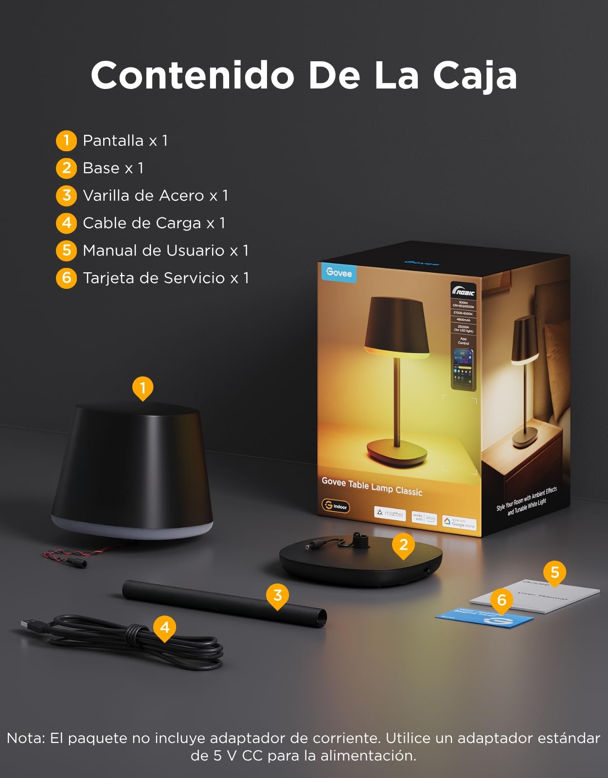 Govee RGBICWW Lamparas de Mesita de Noche, Lampara Mesita Noche LED | Compatible con Matter Alexa, 72 Escenas, 500LM Regulable, Recargable 4800mAh, 2700-6500K Lamp para Sala de Estar y Dormitorio
