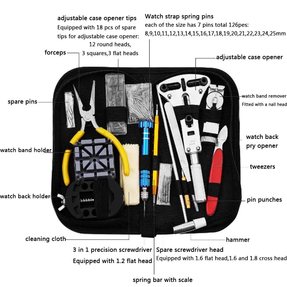 Kit de herramientas de reparación de relojes, juego de herramientas de reemplazo de batería de reloj con estuche de transporte, herramientas de barra de resorte para abrir cajas de relojes para repara
