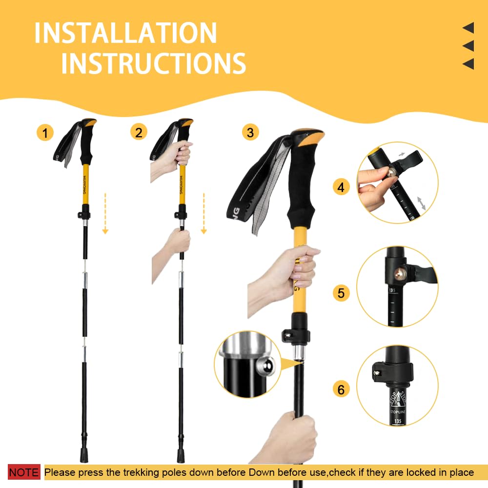 HUINING Bâtons de randonnée Pliables télescopiques | Bâtons de Marche Nordique pour Homme et Femme | Bâtons de Trekking Ultra légers en Aluminium avec de Nombreux Accessoires | 115-135 cm | Jaune