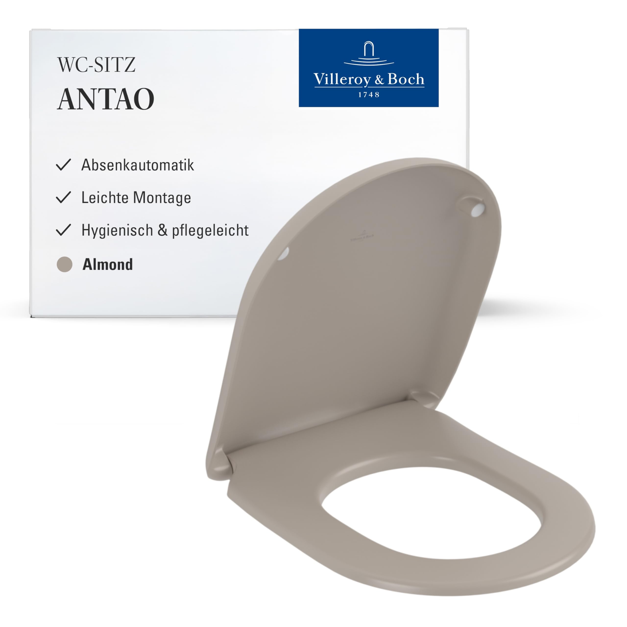 Villeroy & Boch Antao WC-Sitz - Toilettendeckel mit Absenkautomatik - Abnehmbarer, bruchsicherer Toilettensitz aus Duroplast - Original Ersatzteil - Klodeckel in D-Form - Almond, matt