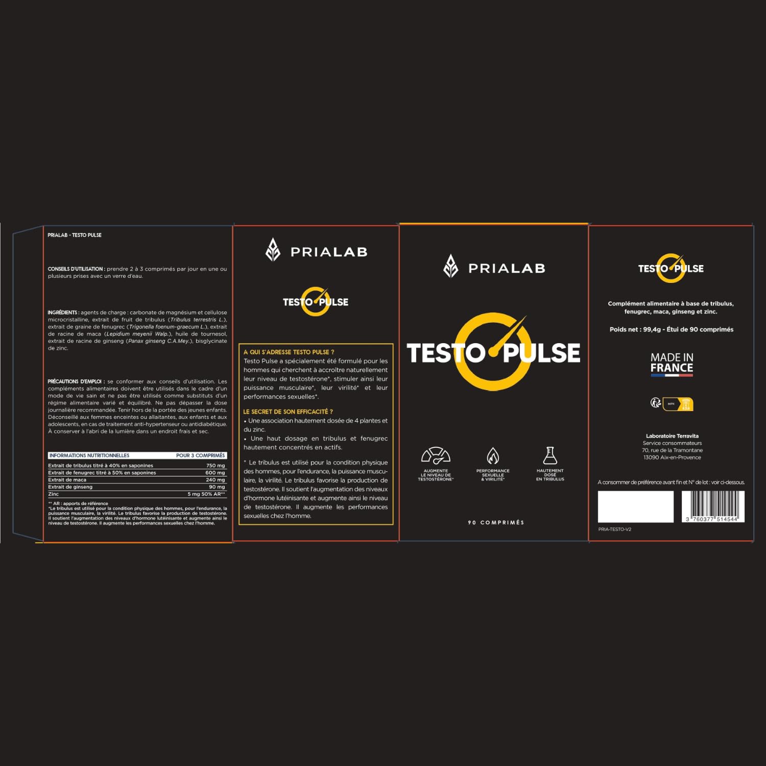 Testo Pulse | Booster Testostérone Naturel | Tribulus, Maca, Ginseng, Fenugrec et Zinc | Performance Masculine | Libido, Virilité & Musculation | Énergisant Puissant | 90 Comprimés Vegan | Prialab