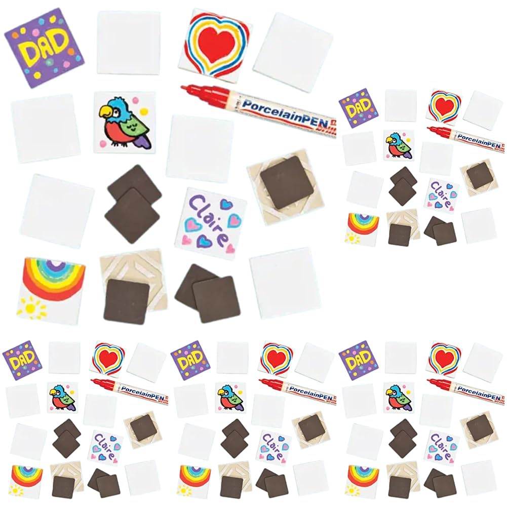 Baker Ross EK506 Porzellan-Keramikfliesen-Magnete, für Kinder zum Dekorieren, eigene Kunst- und Handwerk-Tätigkeiten, Verschiedene Motive, 10 Stück, Klein (Packung mit 5)