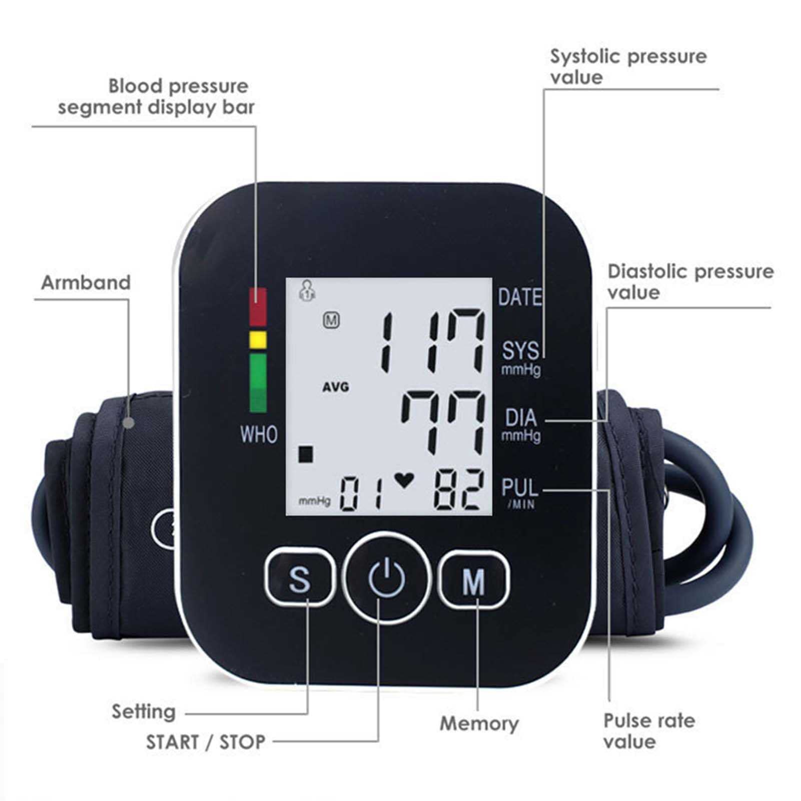 Esfigmomanómetro Arm Home, Alimentado por USB, presurización Completamente automática, Pantalla Grande, transmisión de Voz, Monitor de presión Arterial multifunción (Blanco)