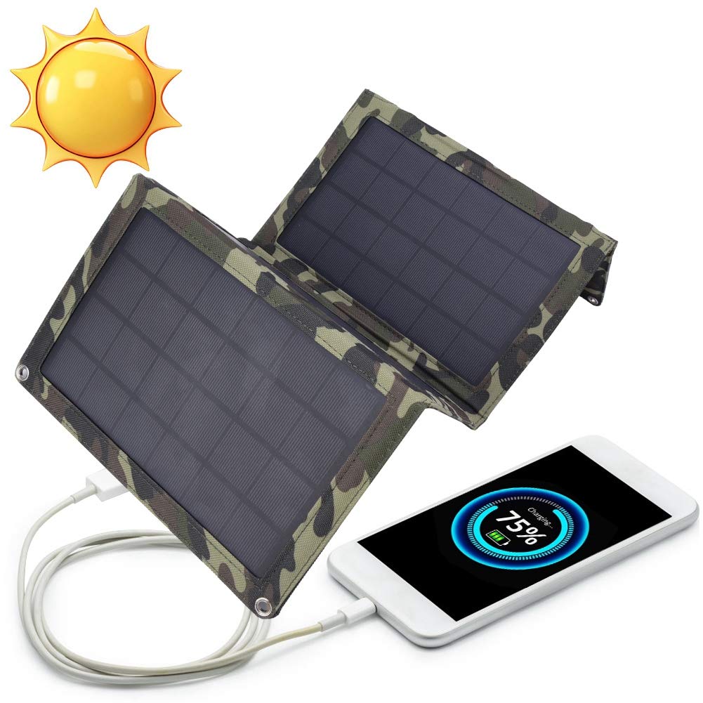 Cargador solar portátil plegable de 12 W, alta eficiencia, con batería de 5000 mAh, para camping, viajes, teléfono, batería externa, enchufe USB universal
