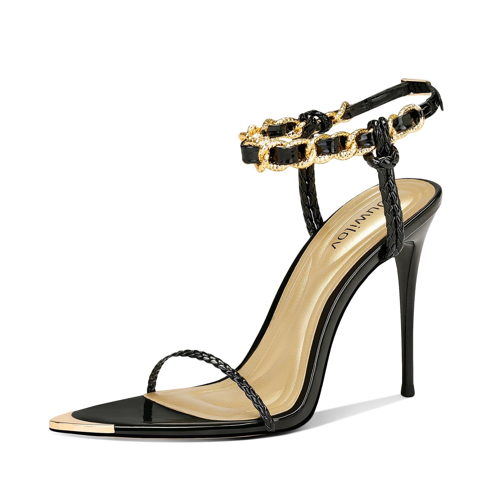 Ouwilovwomens Black Stiletto Sandals With Gold Chain Ankle Strap