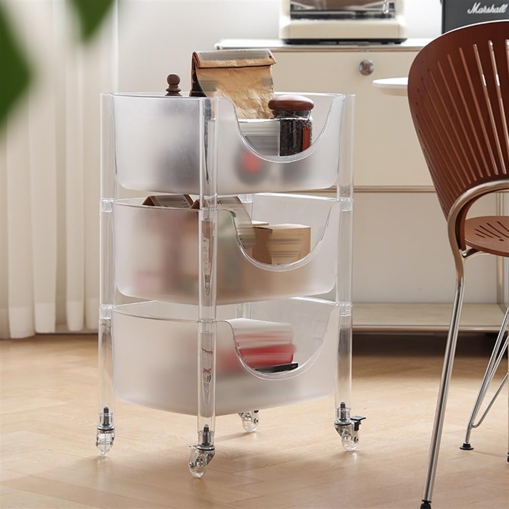 3-Tier Acrylic Rolling Storage Cart with Wheels, Stackable & Detachable Organizer Trolley with Drawers for Home, Office(Blue)