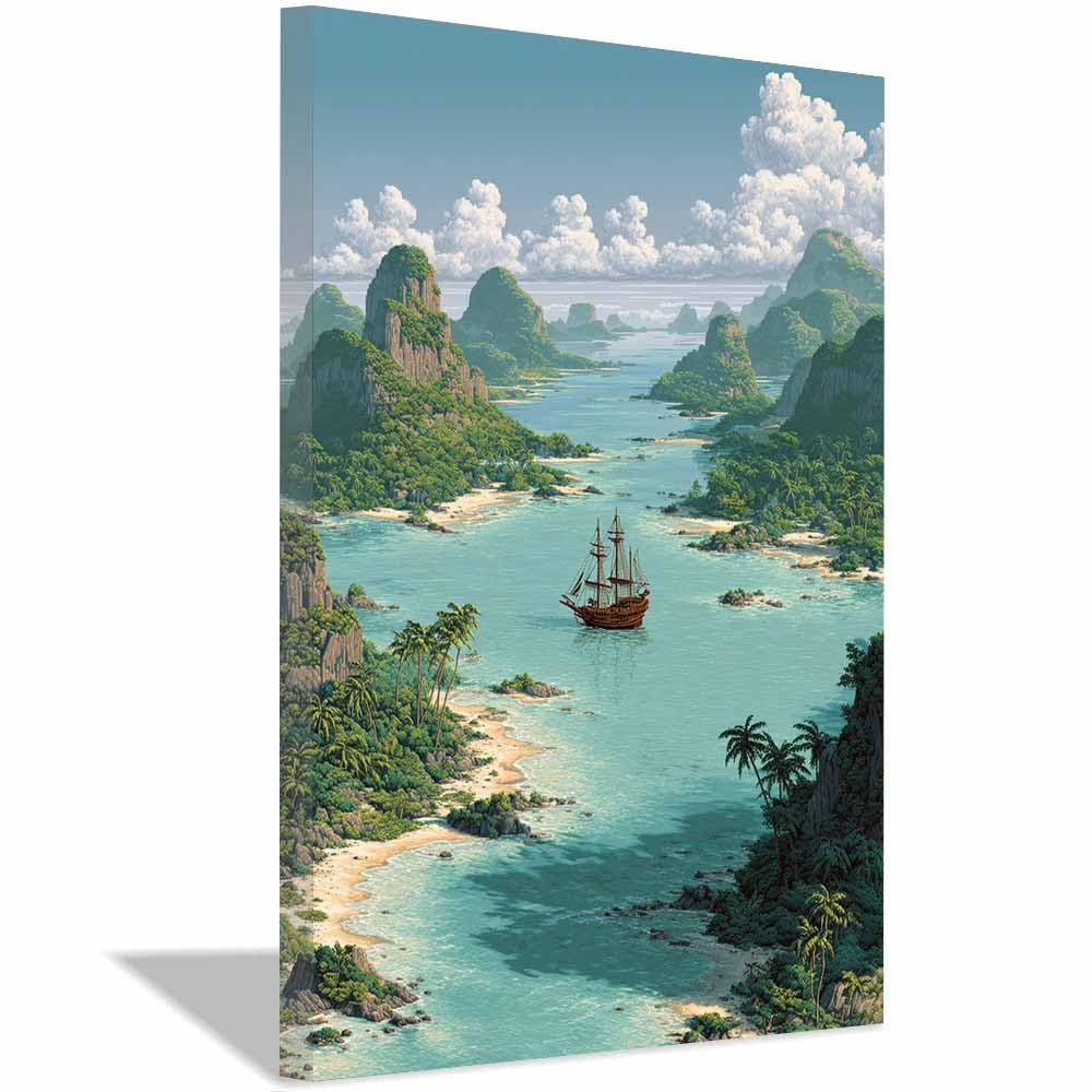HOQIU Canvas Wall Art Pirates Ship Tropical Cove canvas art, art print, house decor, bedroom wall decor above bed, prints for living room.(Multicolor)-70x100cm Framed