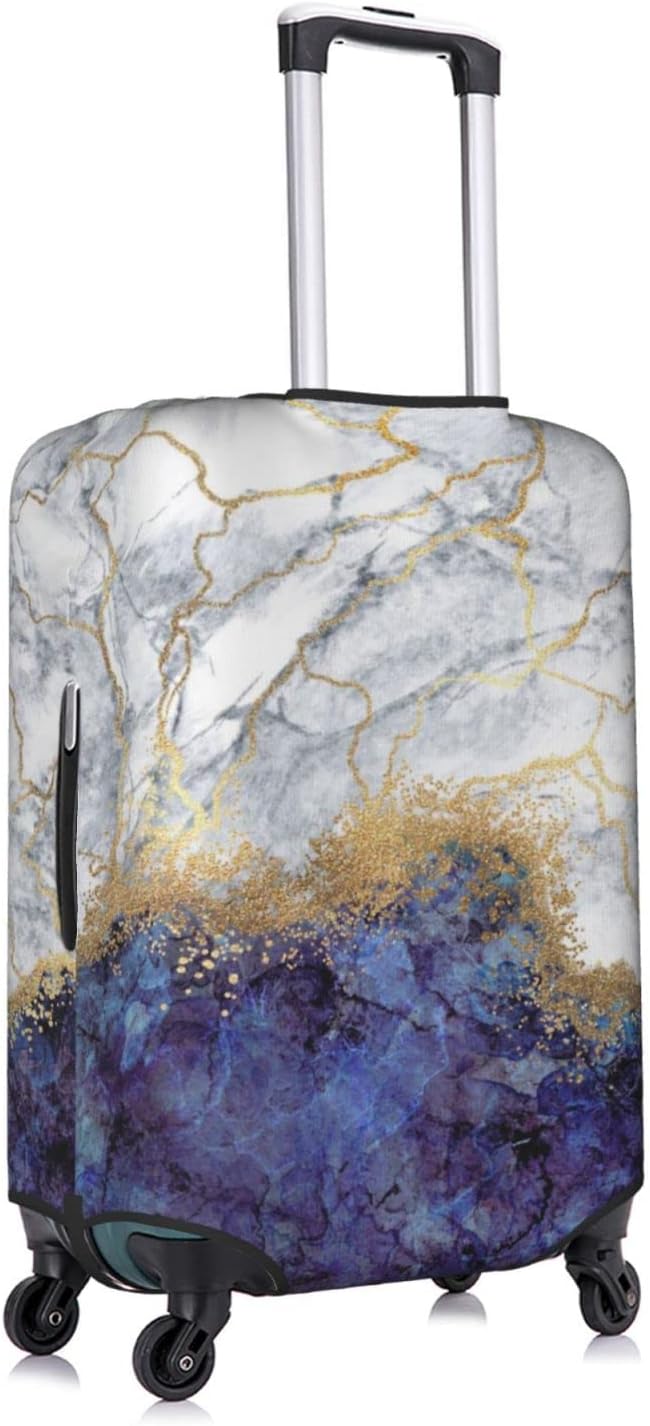 review White Golden Blue Marble Abstract Travel Luggage Cover Fits 18-32 Inch Luggage, Washable Suitcase Cover Protector with Concealed Zipper for Wheeled Suitcase Tsa Approved