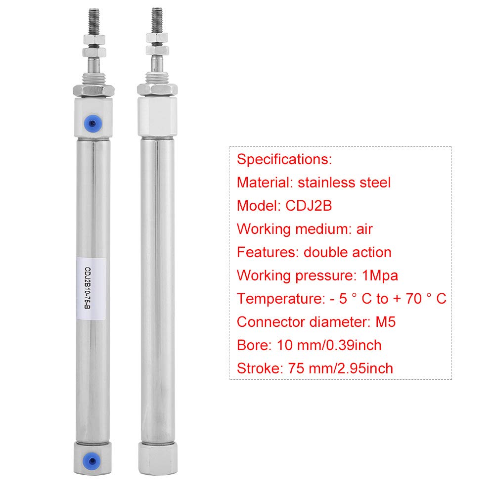 Yanmis Mini Luftzylinder, Edelstahl Mini Pneumatikzylinder 10mm Bohrung 75mm Hub CDJ2B Einzelstab Mini Pneumatikzylinder Yanmis Mini Luftzylinder, Edelstahl Mini Pneumatikzylinder 10mm Bohrung 75mm Hub CDJ2B Einzelstab Mini Pneumatikzylinder