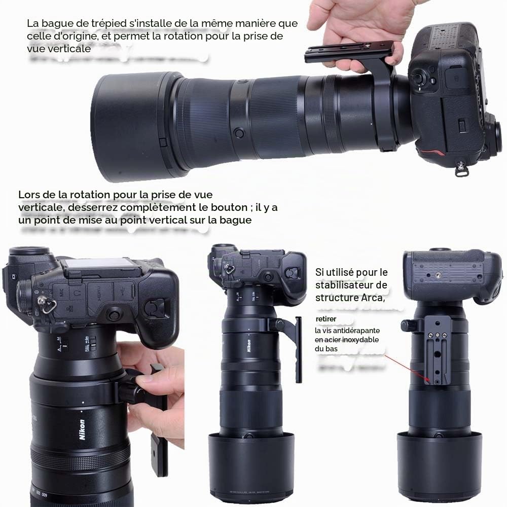 iShoot Bague de Fixation pour trépied Compatible avec Nikon Nikkor Z 180-600 mm F5.6-6.3 VR, Support d'objectif inférieur Arca-Swiss Fit Plaque à dégagement Rapide pour trépied Arca et stabilisateur