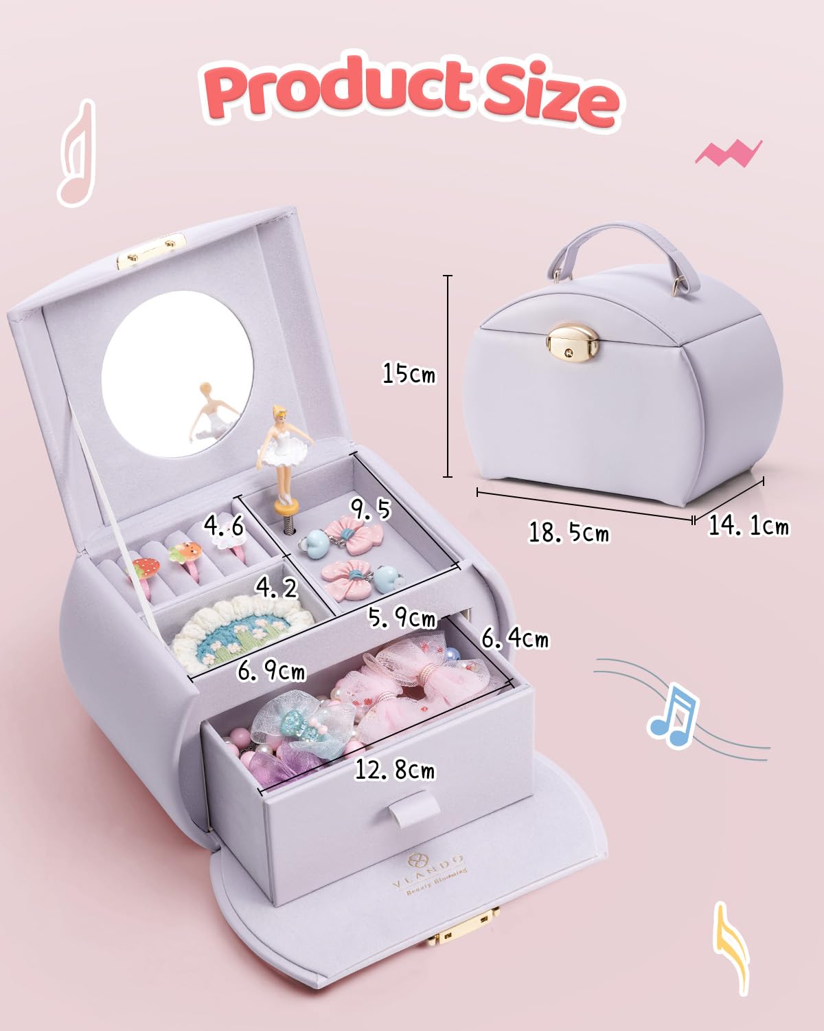 VLANDO Joyero para niñas con cajón, caja de música con bailarina y calcomanías para decoración de dormitorio, regalos para niñas y niños (morado niebla)