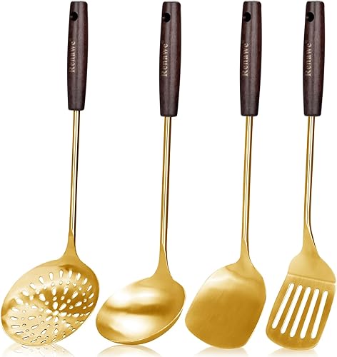 Espátula grande de 15 pulgadas de oro, espátula ranurada, cucharón de sopa de acero inoxidable, juego de espátula larga ranurada para utensilios de