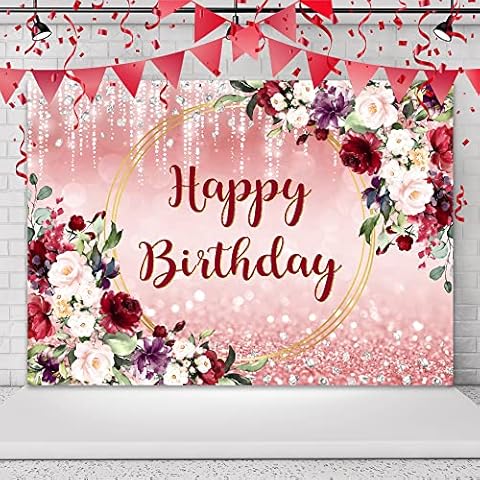 Omifly Floral Happy Birthday 7Wx5H Backdrop for Photography Burgundy Flowers Rose Leaves Glitter Diamond Pretty Women Girl Background Party Decorations Cake Table Banner Decor Photo Booth Studio Props Cover