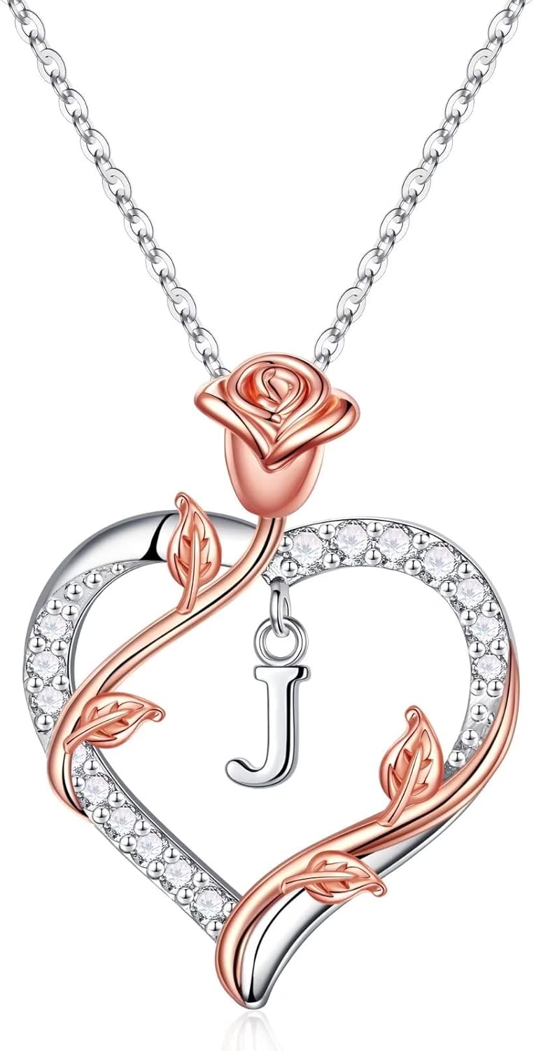 Rose Heart Initial Necklace Gifts for Women Girls, Letter Pendant Necklaces for Women Jewelry Anniversary Birthday Gifts for Her Wife Girlfriend Teen Girls