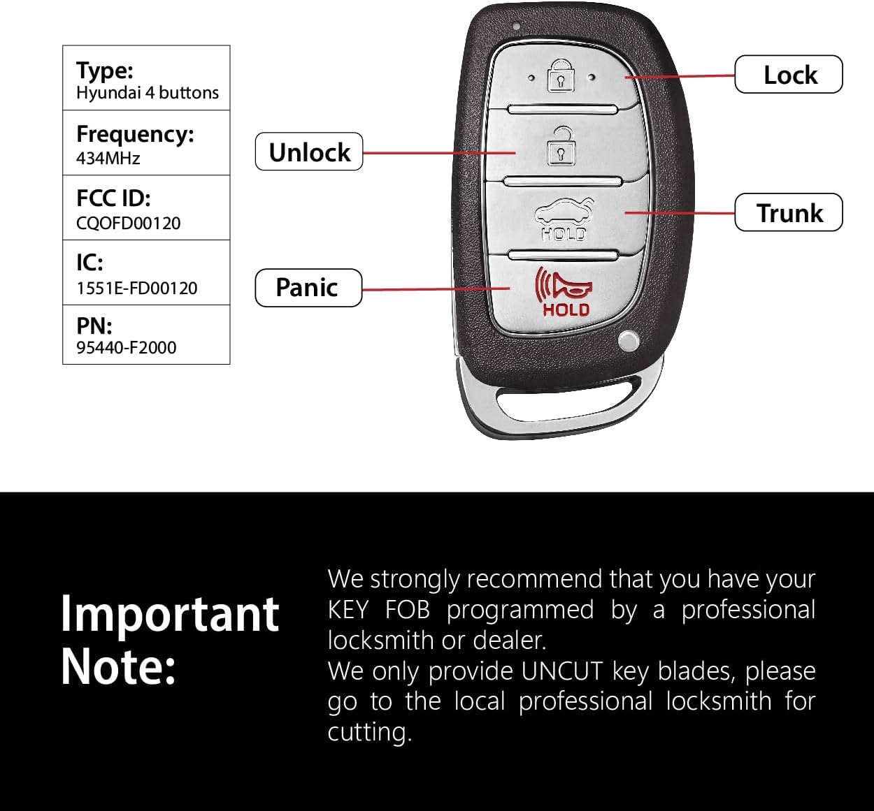 Replacement for 2016 2017 2018 Hyundai Elantra Key Fob Remote Control CQOFD00120 4 Buttons 434MHz