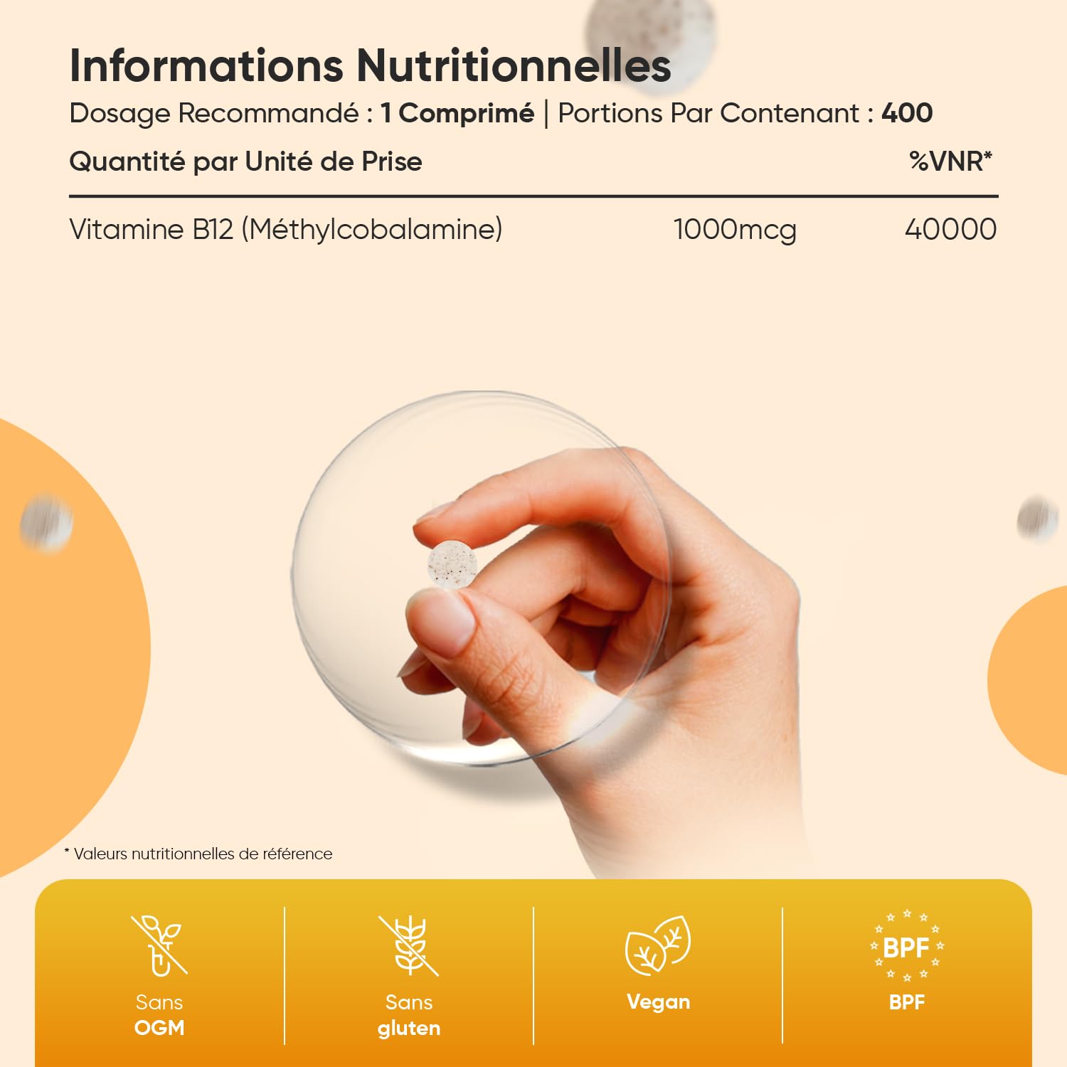 Vitamine B12 Methylcobalamin 1000 mcg Vegan Comprimés à Croquer - 400 Micro-Comprimés de Vitamine B12 Methylcobalamine, Goût Citron, 1 An d'Approvisionnement, sans OGM, sans Gluten