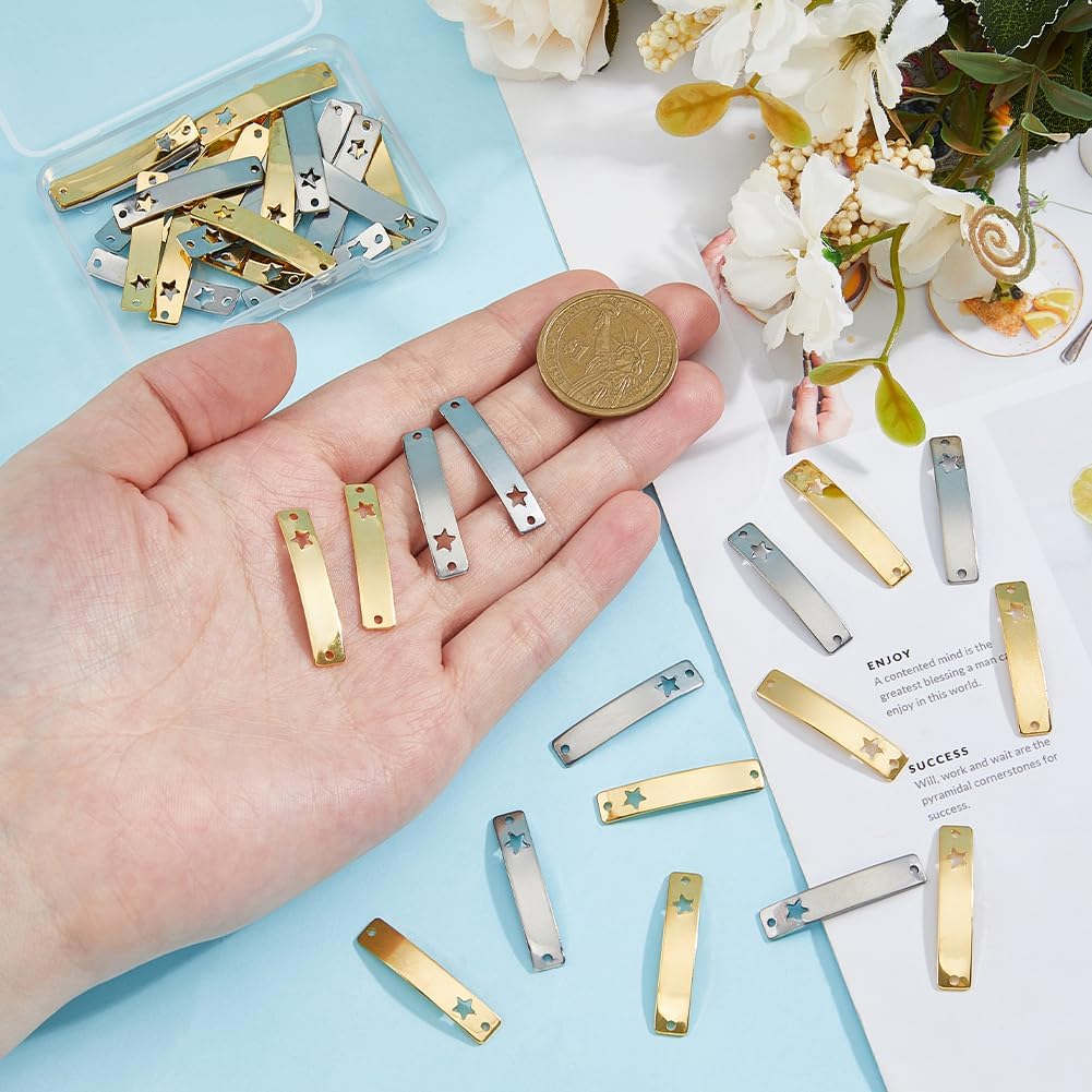 DICOSMETIC 40Pcs 2 Colors Stainless Steel Blank Tags Curved Rectangle Link Charm Metal Stamping Blank Engraved Pendant with Star Bar Link Charms Pendants with 2 Holes for Jewelry Making DIY Craft - Image 3