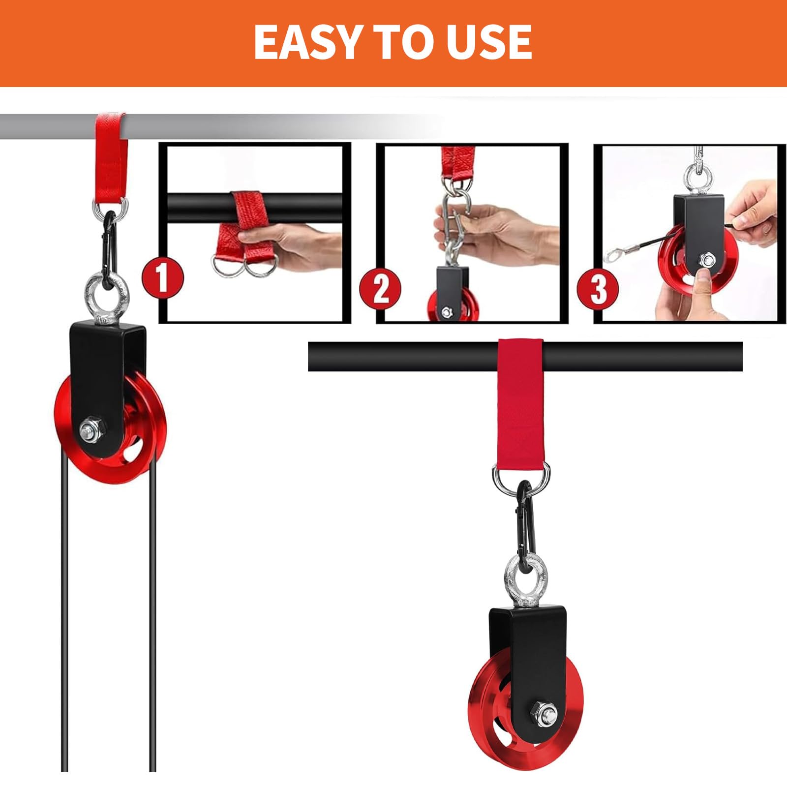 Produktbild von 90mm Seilrolle Mit U-Haltebügel, 360° Schwenkbar, Alulegierung, Inkl. Karabiner & Gurt, 160 Kg Belastung – Für Fitness, Garage & Mehr
