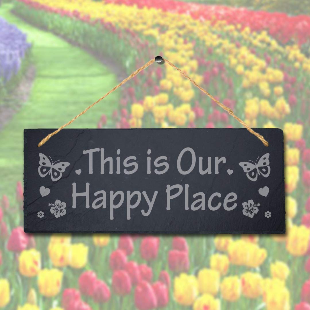 Stukk Natural Engraved Slate Stone Plaque This Is Our Happy Place Laser Hanging Garden Decor Sign, 30X12cm