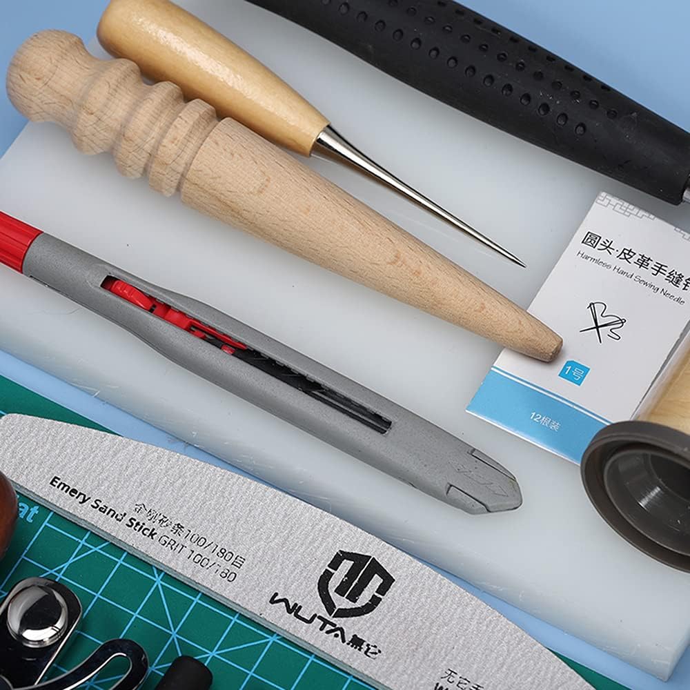 WUTA Professional Leather Working Tools Kit 24 Pieces Leather Craft Tool Set DIY Hand Sewing Stitching Punching Cutting Tool Kit Leather Work Sewing Set