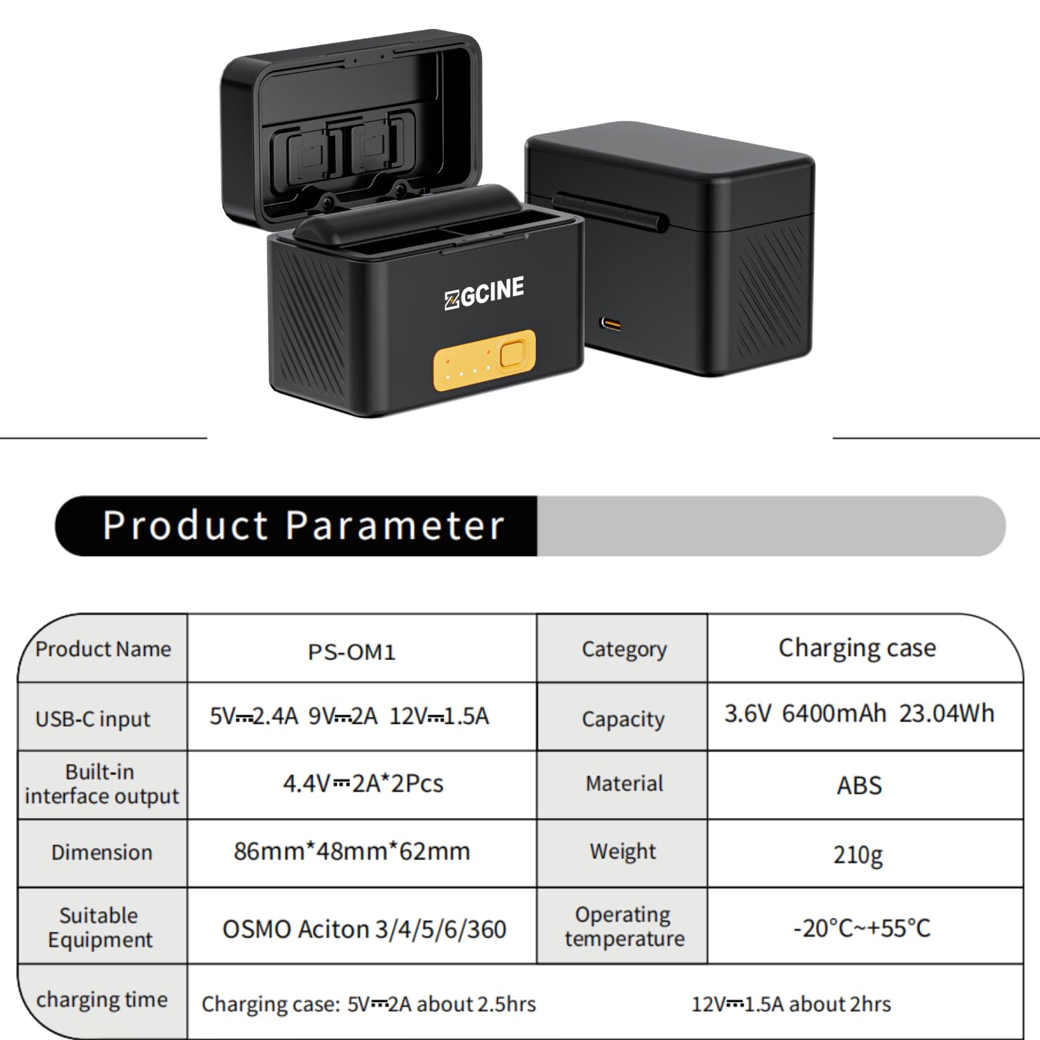 ZGCINE PS-OM1 ładowarka do kamery sportowej, akumulator Osmo Action 3/4/5 Pro/6/360 6400 mAh, ładowarka z funkcją powerbanku, Dual Slot, szybkie ładowanie, USB-C PD Fast Charge, przechowywanie kart TF