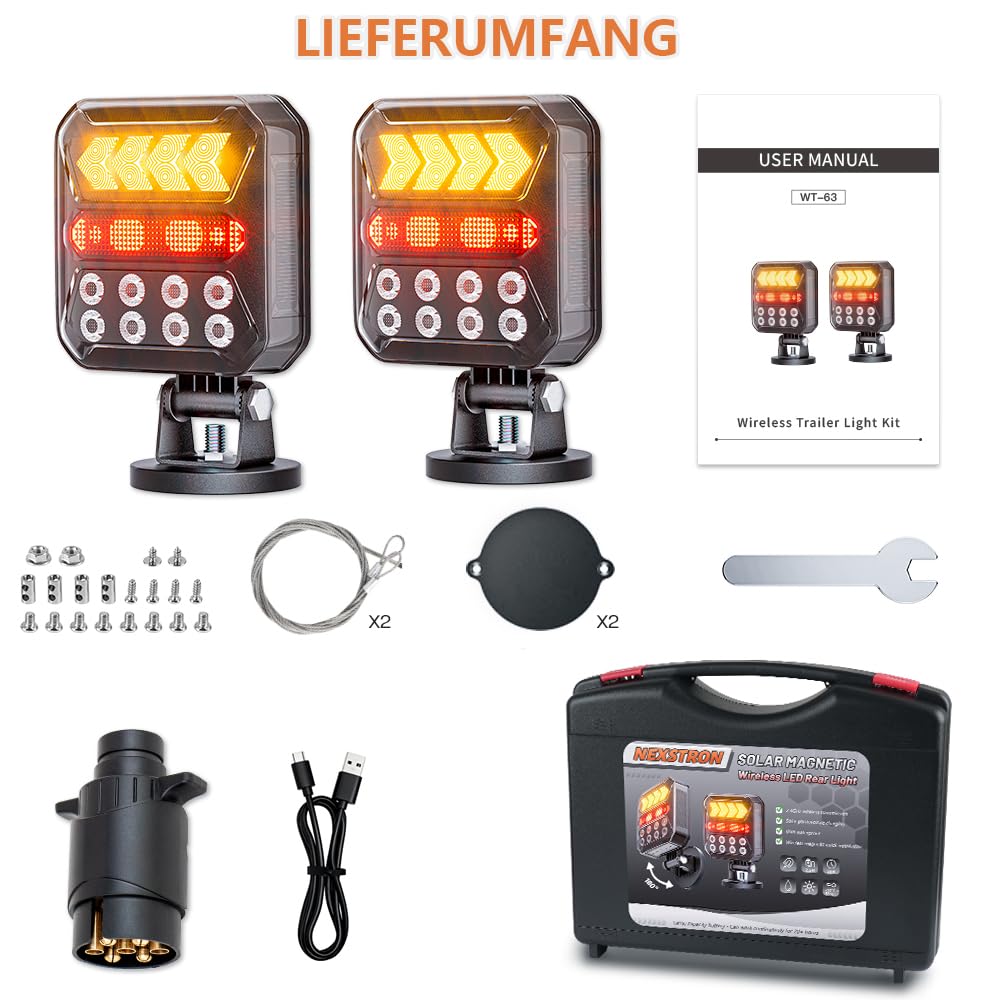 12/24V Solar kabellose magnetische LED Anhänger Rückleuchten Set, Bluetooth, 7-pol Stecker & USB-C, IPX6 wasserdichte Heckleuchten mit Doppelstahlseilen, für Anhänger LKW Wohnwagen Traktor | 7-poliger Stecker & USB-C, IPX6 wasserdichte LED-Rücklichter mit