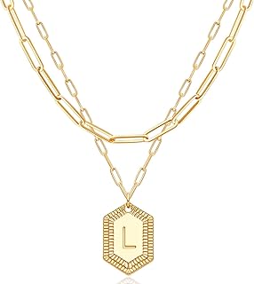 MEVECCO Dainty Gold Initial Necklace for Women 14K Gold Plated Layered Paperclip Link Chain Necklace Personalized Cute Hex...