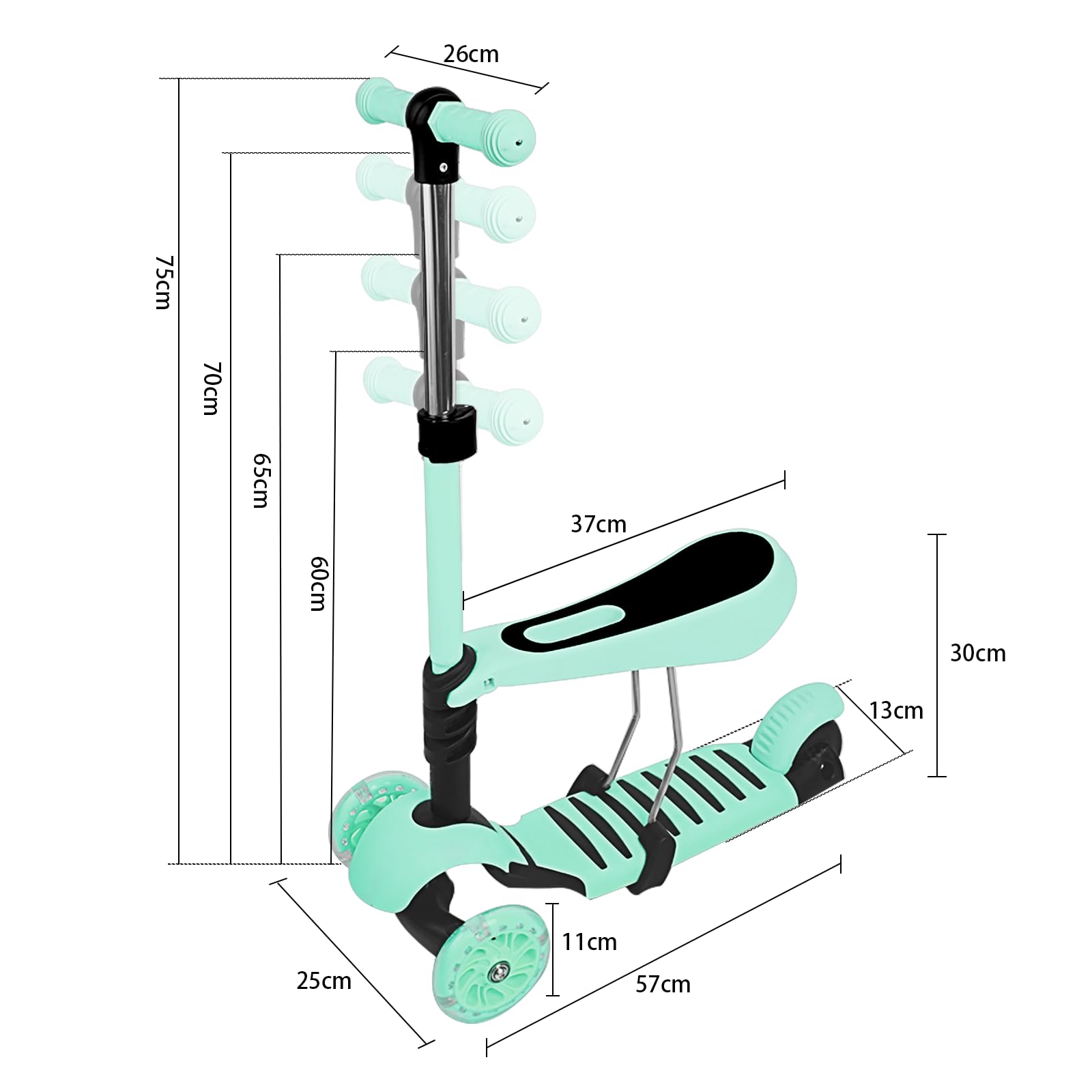 Patinete con asiento 3 en 1, 3 ruedas, bandeja antideslizante LED, patinete triciclo ajustable en altura, patinete infantil para niños de 18 meses a 8 años