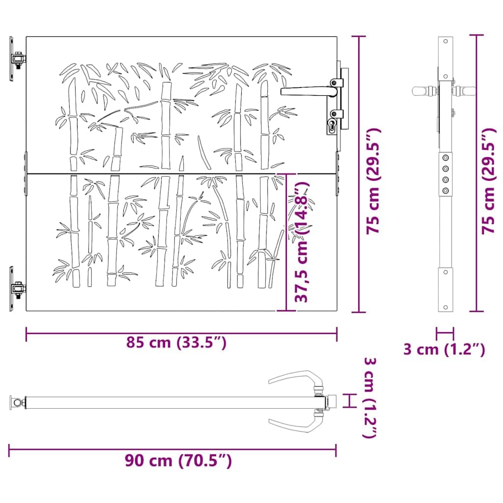 vidaXL Cancello da Giardino in Acciaio Corten 85x75 cm Con Design Bambù e Serratura - Metallo Anteriore