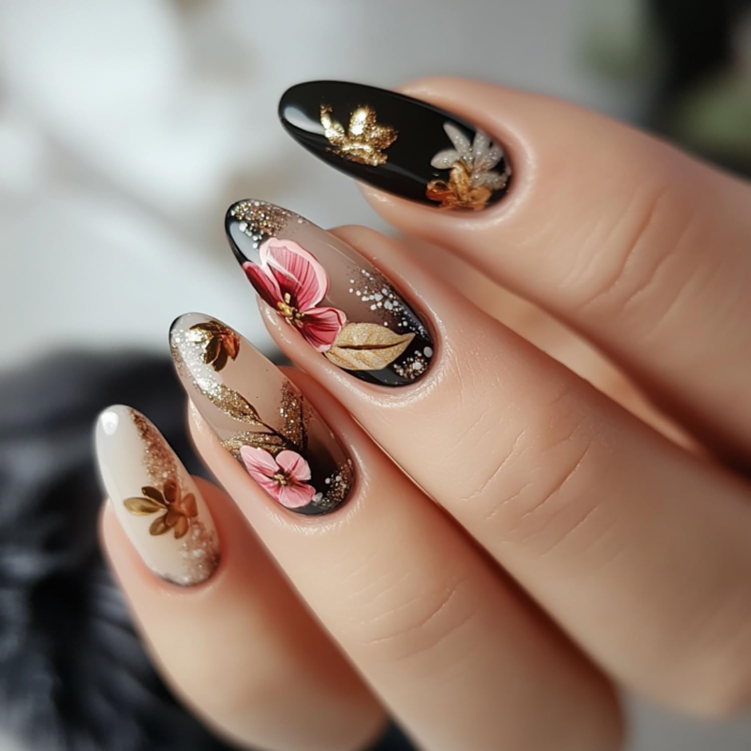 Press on Nails Medium Almond Shaped Flowers Gold Glitter Powder Design Gradient Acrylic False Nail Full Cover Floral Stick on Nails Spring Press Ons