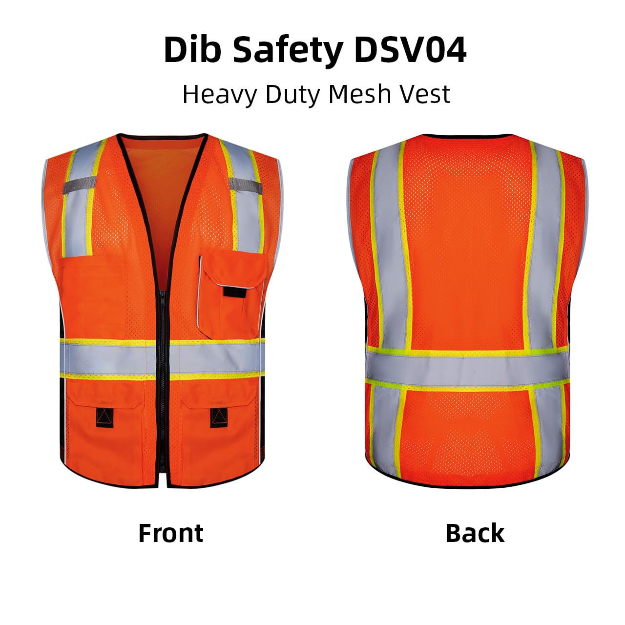 Dib Safety Chaleco reflectante de malla de alta visibilidad con bolsillos y cremallera, fabricado con cinta 3M