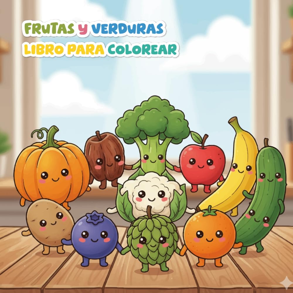 Libro para colorear: Frutas y Verduras: Dibujos de Alimentos Saludables, Bonitos y Fáciles para Niños