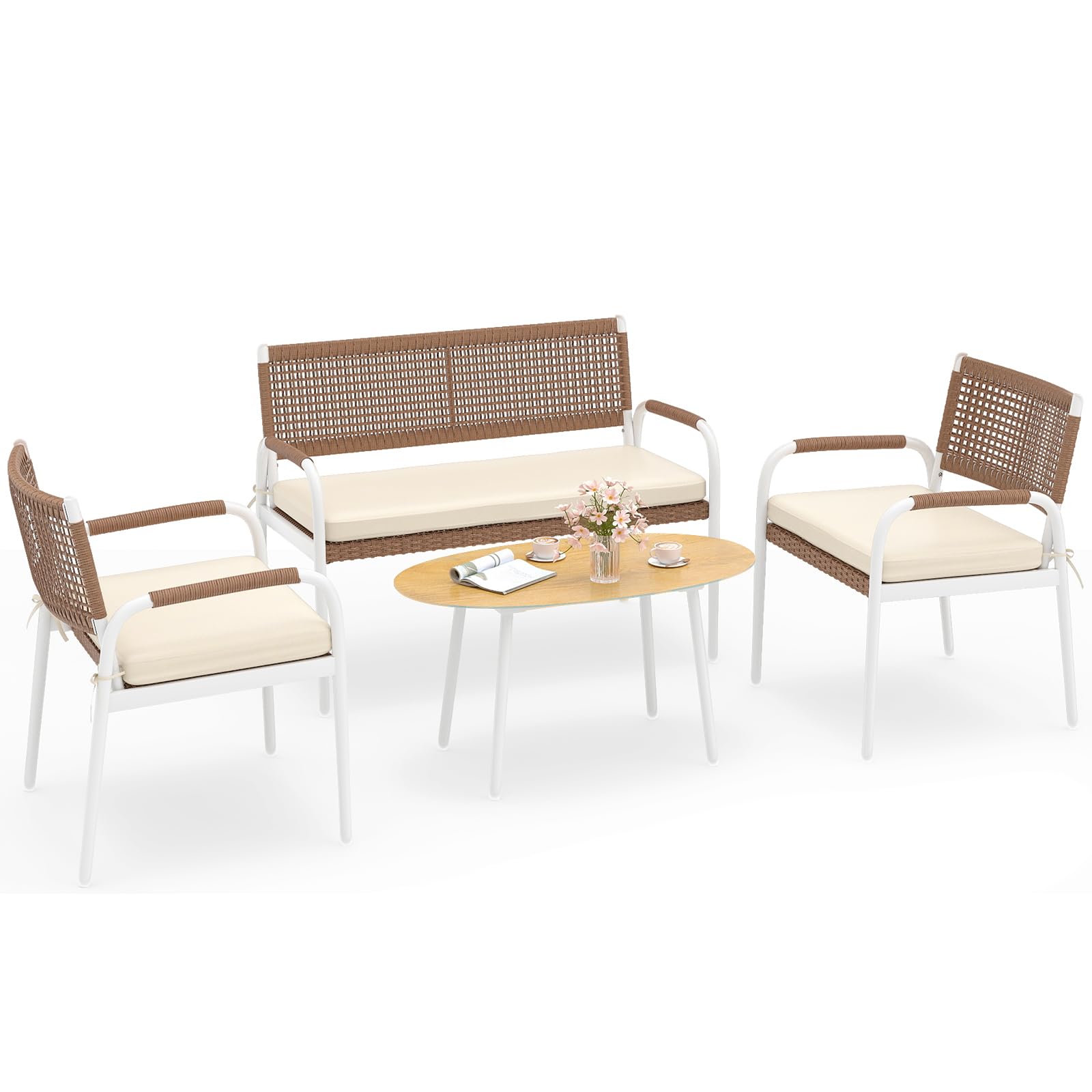COSTWAY Set Salotto da Giardino 4 Pezzi, Divanetto in Rattan PE e 2 Poltrone con Cuscini Morbidi, Tavolo in Vetro Temperato, Set di Mobili da Esterno per Balcone, Veranda, Giardino e Cortile