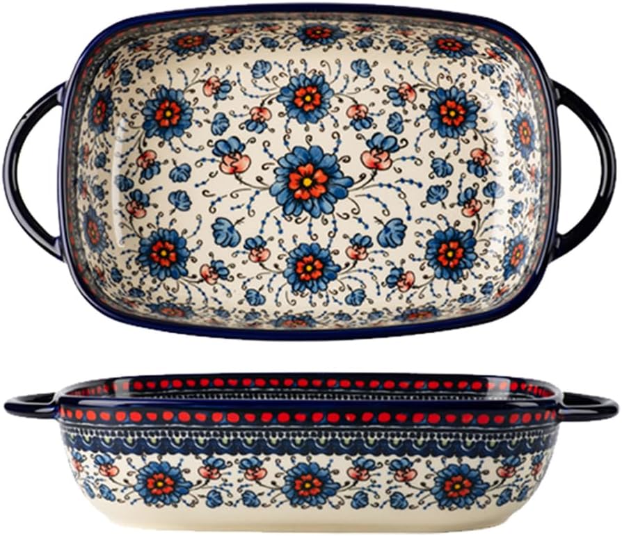 Exquisite Blue Floral Lasagne Dish - Retro Ceramic Baking Tray with Double Handles, Deep Rectangular Plate for Home Cooking & Elegant Dining