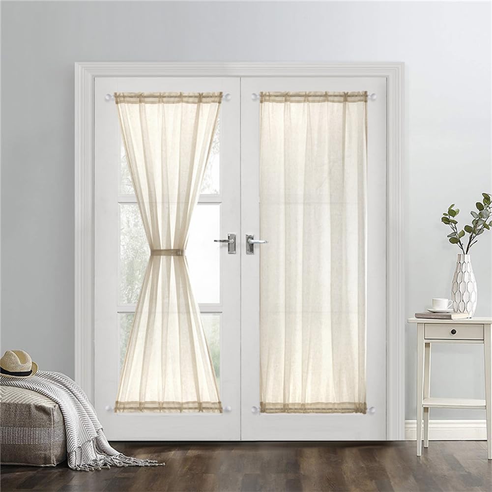 Rideau de porte française kaki en lin 132x182 cm filtrant la lumière x2