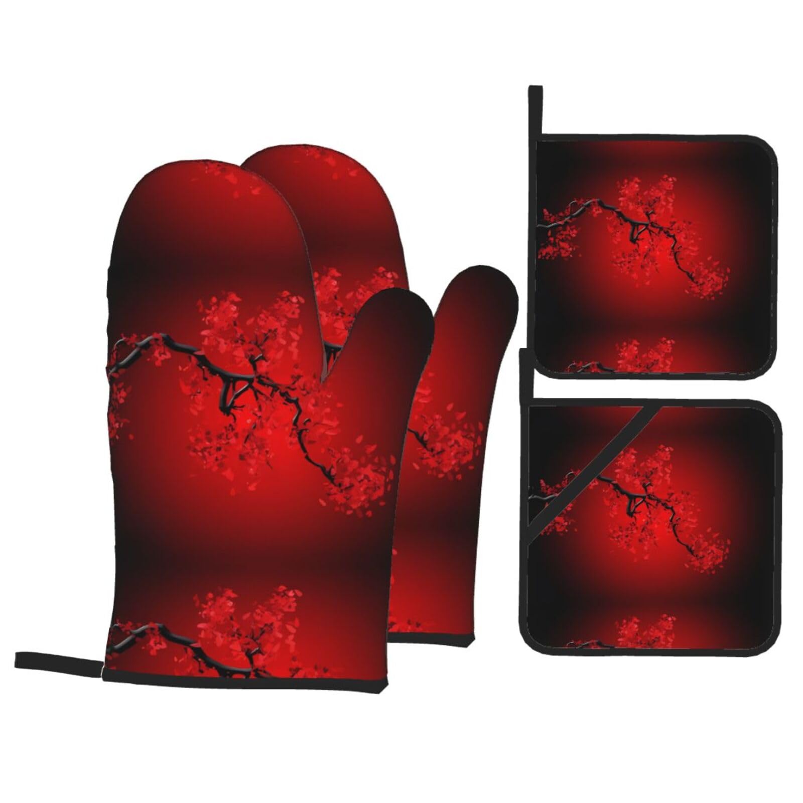 YYHHAOFA Red Cherry Blossom Prints Kitchen Baking Set with Heat Resistant Pot Holders & Oven Mitts - Waterproof Layer for Hot Dishes, Grill & Microwave