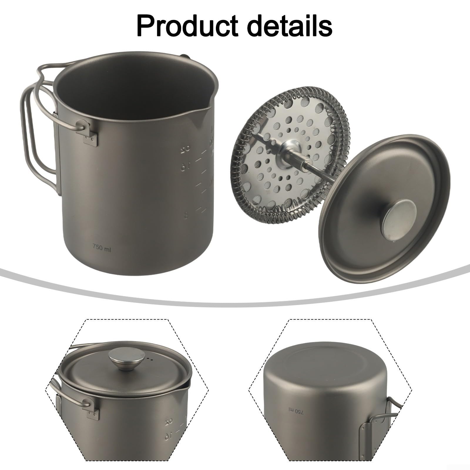 Prensa de café portátil de 750 ml para prensa francesa al aire libre, cafetera manual compacta con filtro de malla fina, ideal para acampar y senderismo, olla gris de 3.7 x 4.3 pulgadas