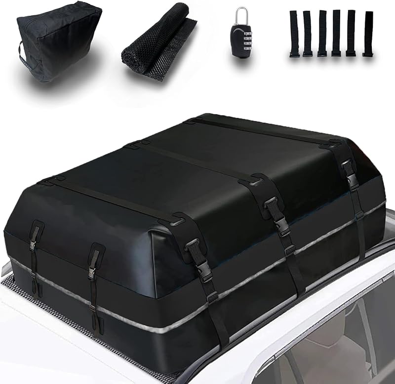 MODTREK ルーフボックス ルーフバッグ 大容量 600L 防水 (ルーフレール不要) 高耐久素材 840D 収納バッグ付 滑り止めマット付 ダイアル錠付 カークリップ付 30日間返品対応(ブラック)【安心の日本企業】ルーフキャリア カーゴキャリア