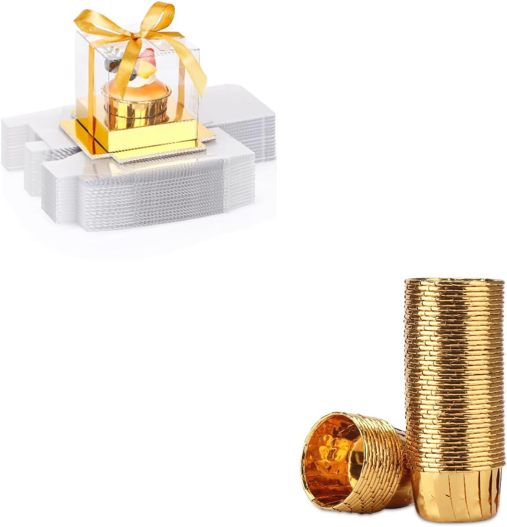 EUSOAR 50pcs 3.5 Inch Disposable Clear Cupcake Containers and 50pcs 3.5 Oz Gold Cupcake Cups