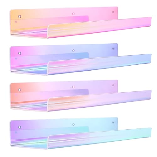 upsimples Acrylic Shelves for Wall Decor, 15" Display Shelf for Perfume, Skincare, Nail Polish, Wall Organizer for Bathroom, Bedroom, Living Room, Playroom, Kids Bookshelf, Iridescent, 4 Pack - 4 - Iridescent