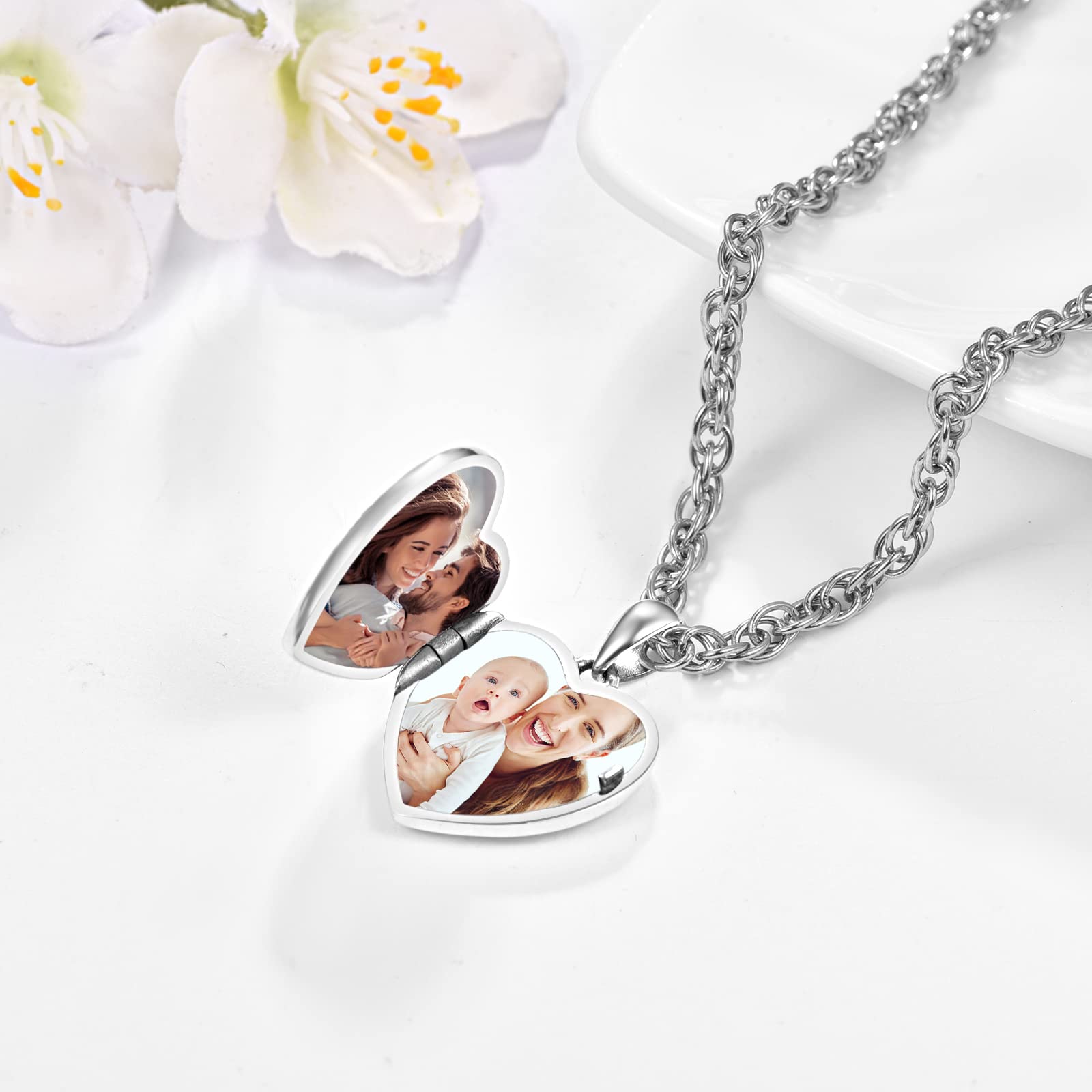 KINGWHYTE Medaillon zum öffnen für Bilder Kette 925 Sterling Silber Baum des Lebens Foto Medaillon Halskette Lebensbaum Herzform Anhänger Halskette Schmuck Amulett Familie für Damen Männer
