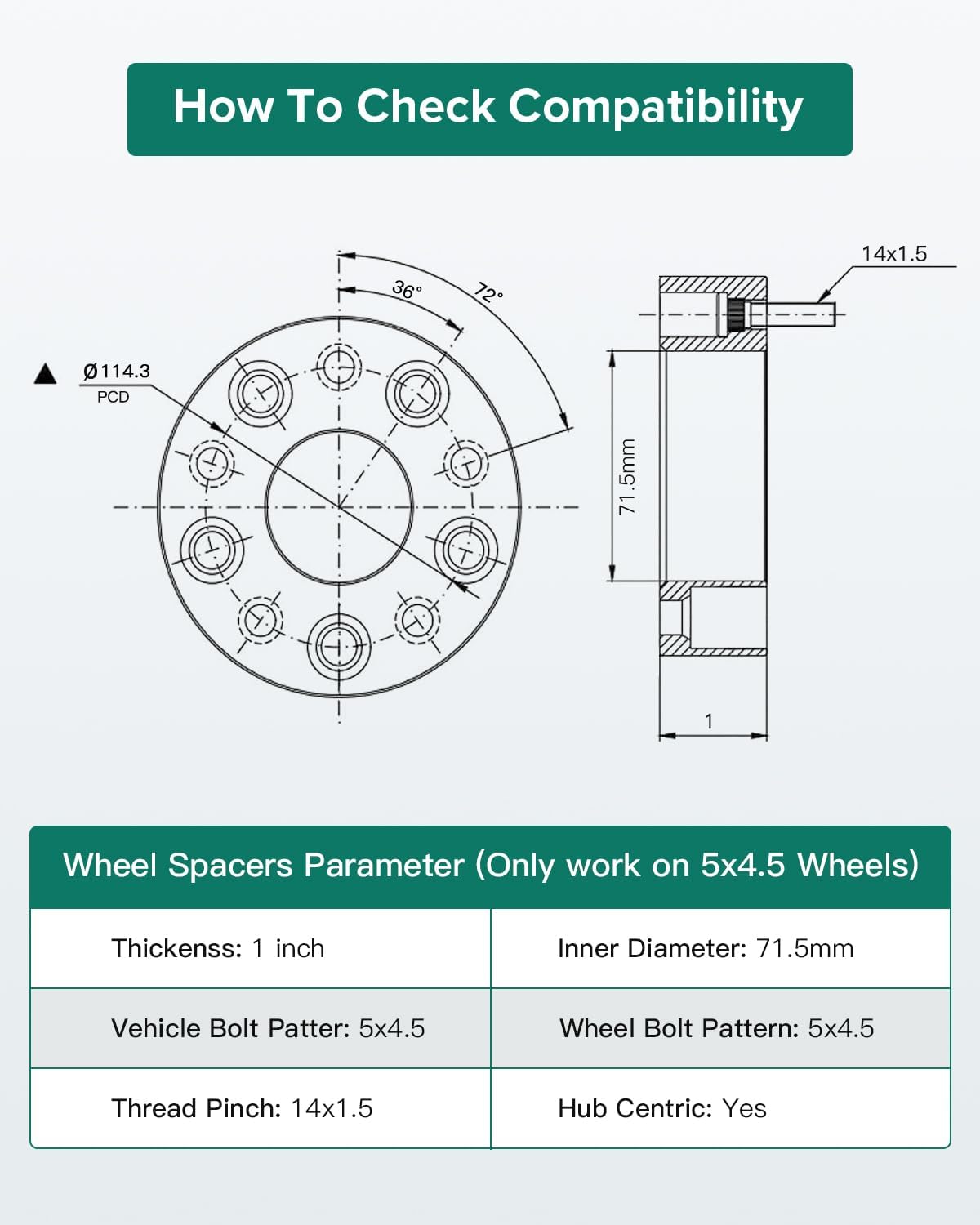 AINTIER 2X 5x114.3mm Wheel Spacers Adapters 5x4.5 14x1.5 71.5mm 1" Compatible with 2009-2019 for Challenger 2006-2019 for Charger for Magnum Wheel Spacers