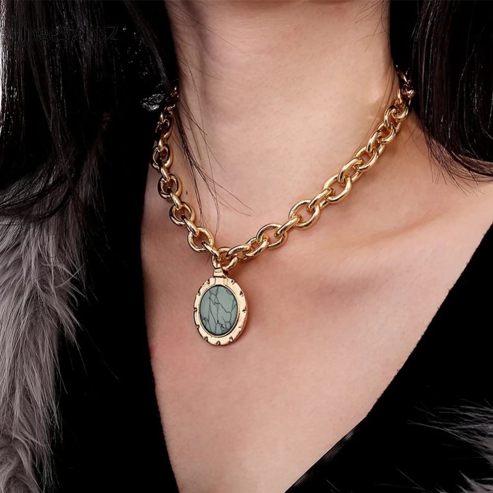 Collana Lunga In Pietra Naturale Turchese - Ciondolo Rotondo, Catena In Pelle 43cm, Gioiello Reiki Chakra Per Meditazione E Yoga
