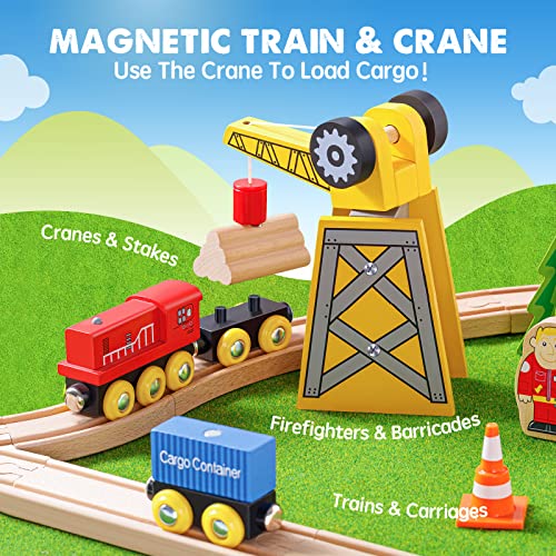 Image of Tiny Land 55PCS Wooden Train Set, Durable Wooden Railway Tracks | Compatible with Major Brand Tracks, Educational Toy for Toddlers & Kids Ages 3-7