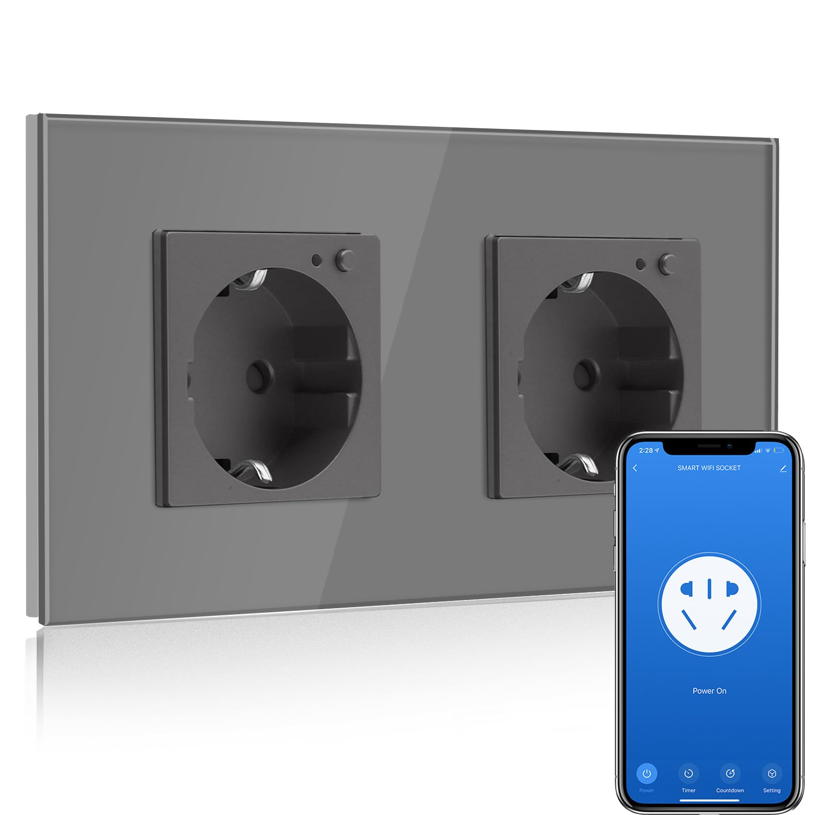 BSEED BSEED Enchufe Doble de Pared WiFi,Schuko Enchufe inteligente Compatible con Alexa y Google Home,Control de APP y Función de Temporizador,protección de contacto,16A Gris